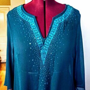 IN Studio Sheer Deep Teal Blue Embellished Tunic
